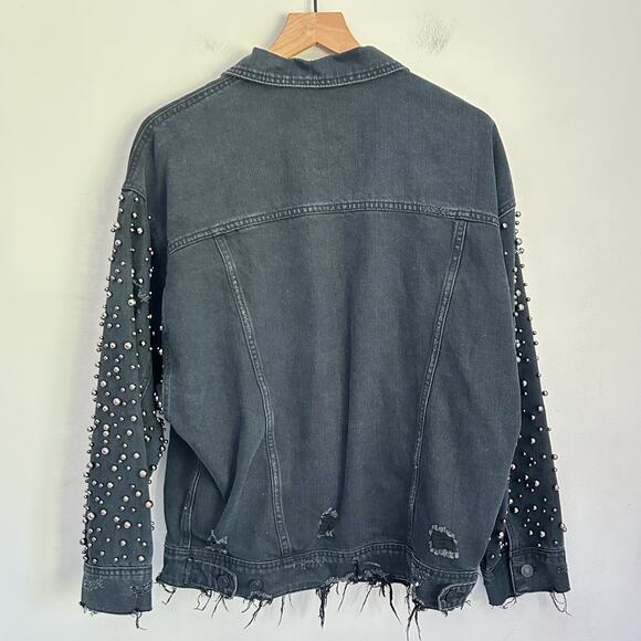 Sunset + Spring Embellished Oversized Distressed Denim Jacket Size L Black - Picture 6 of 7